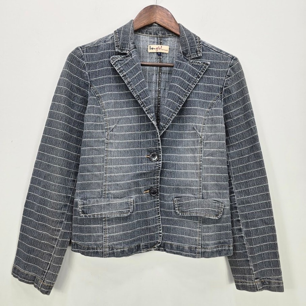 Vintage Y2K‎ 90s Denim Blazer Jacket L Patchwork Dark Academia Grunge Indie vtg